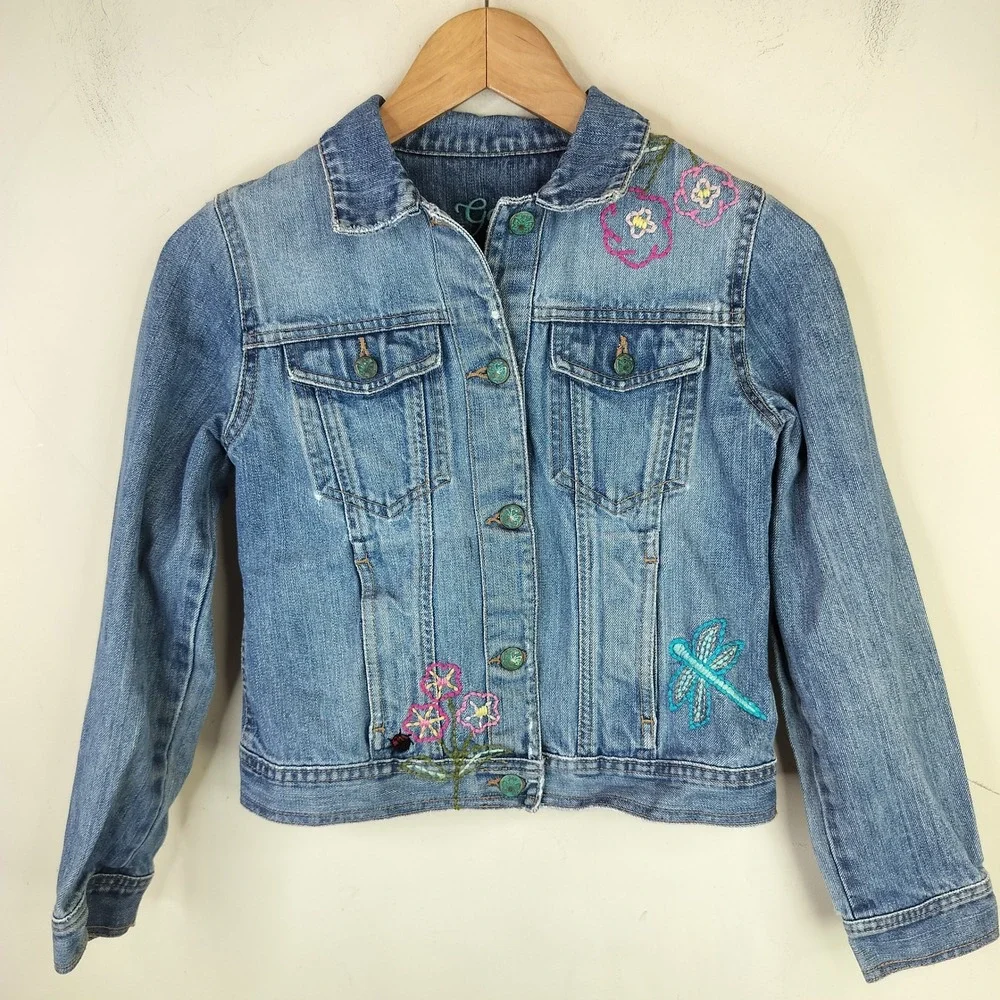 Gap Denim Jacket XL Girls Embroidered Floral Dragonfly Distressed